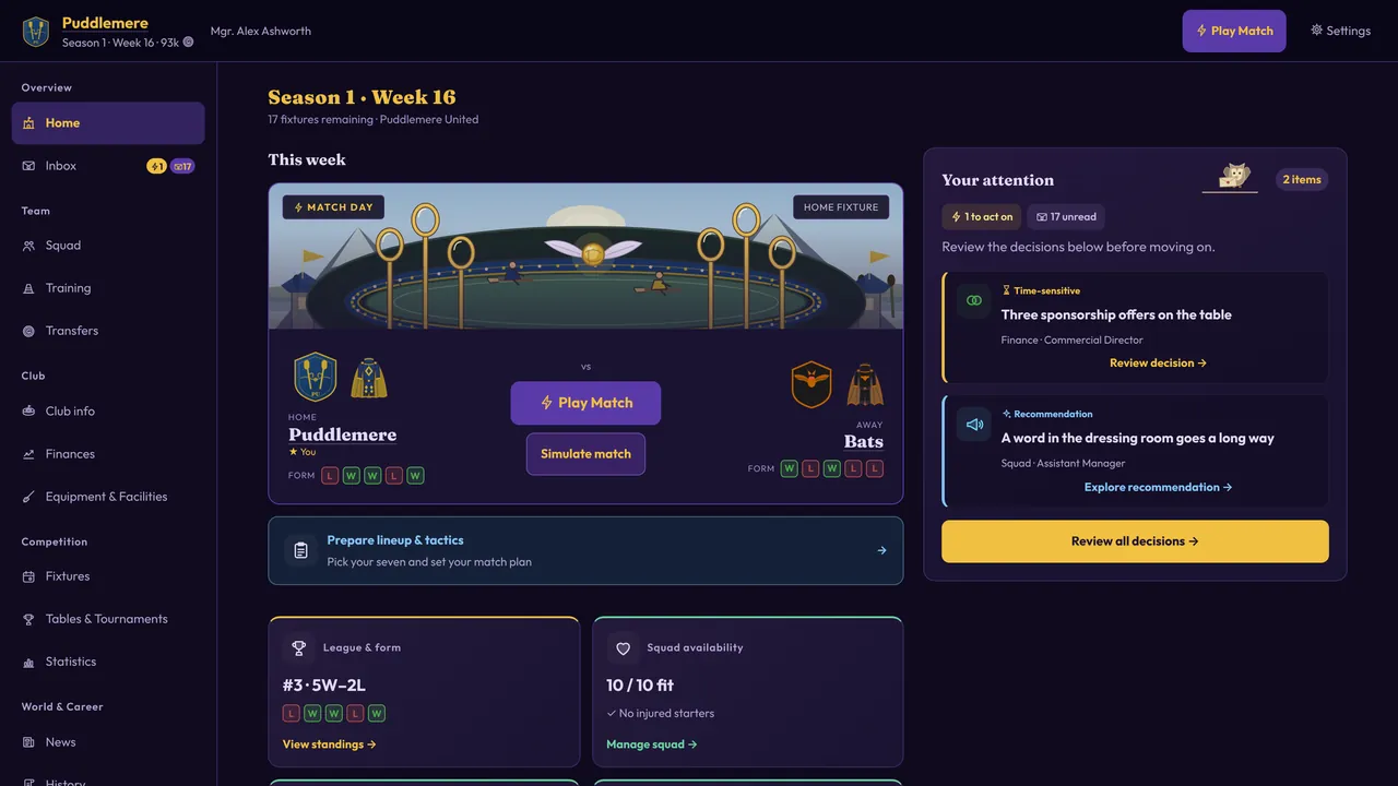 Quidditch Manager home dashboard for Puddlemere in Season 1, Week 16, with a match-day card against Bats, a Play Match button, and an attention panel listing sponsorship offers and a recommendation