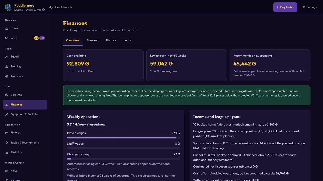 Finances overview showing cash available of 92,809 G, the lowest projected cash over the next 52 weeks, recommended new spending, and a breakdown of weekly operating costs