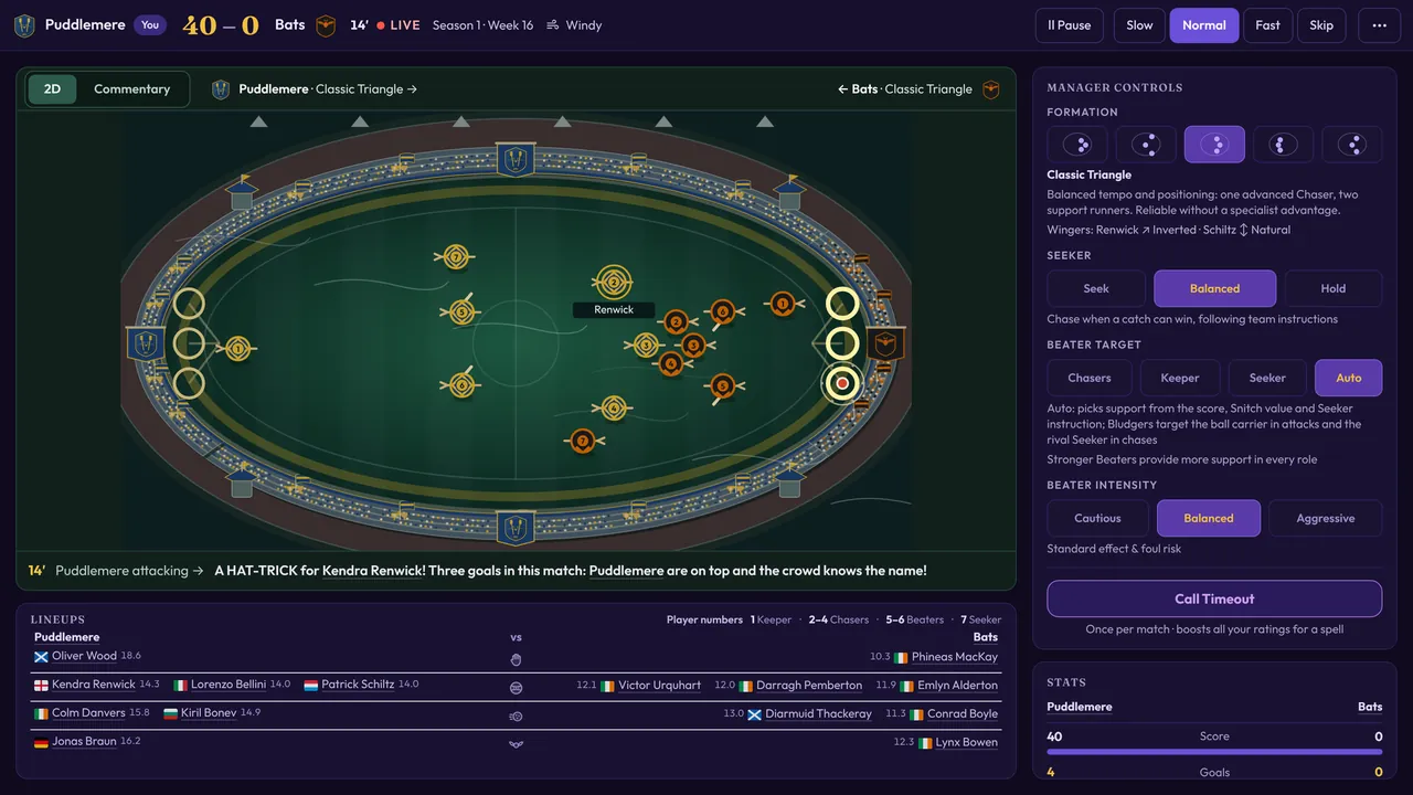 Live match screen with a 2D view of the Quidditch pitch, Puddlemere leading Bats 40-0 after 14 minutes, and manager controls for formation, Seeker, Beater target and intensity